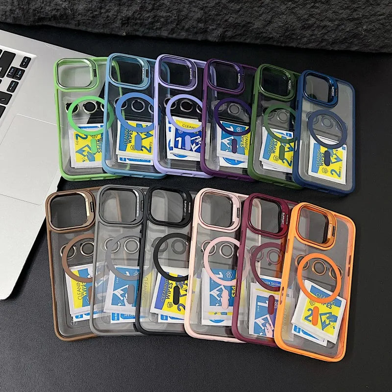 Magnetic lens phone case assortment in multiple colors, each with camera ring cutouts
