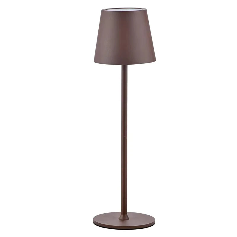 Wireless touch table lamp with dark brown shade and round base, front view