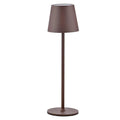 Wireless touch table lamp with dark brown shade and round base, front view
