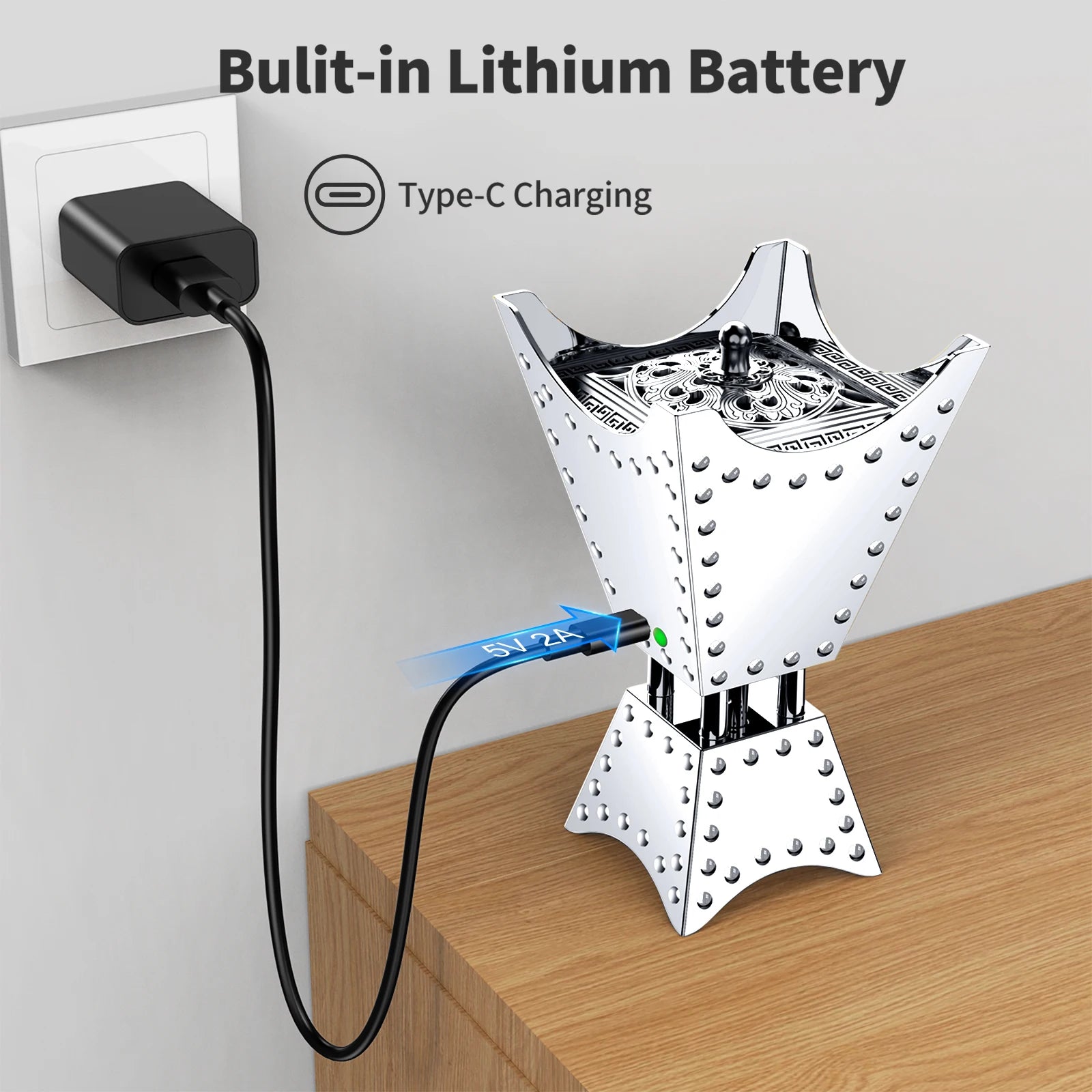 Silver electric incense burner, star-shaped, with Type-C charging setup
