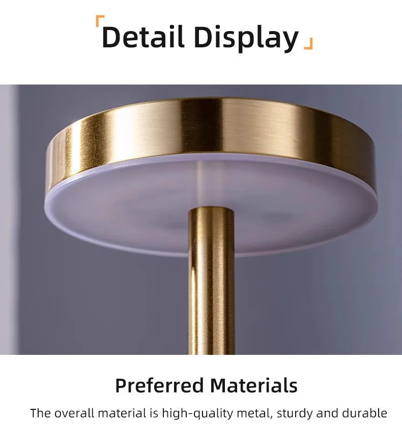 Portable LED touch lamp, champagne gold top and light ring detail