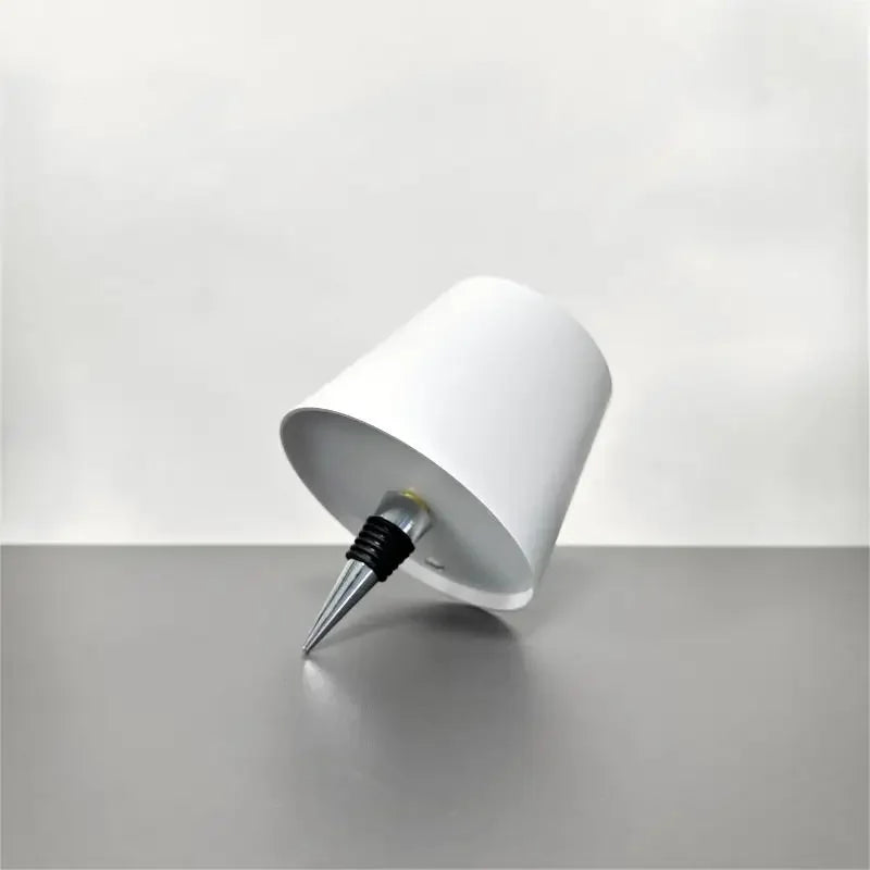 Wireless LED wine bottle lamp, pearl white cylindrical shade with pointed spike base