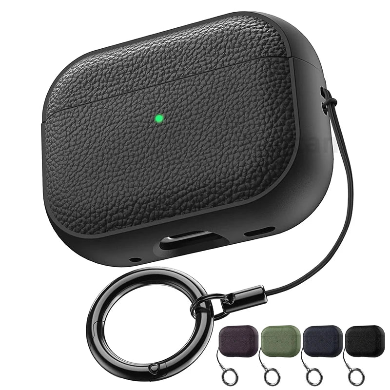 Black leather AirPods case with keyring and lanyard, textured shell and openings