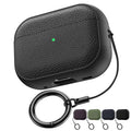 Black leather AirPods case with keyring and lanyard, textured shell and openings