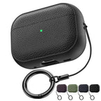 Black leather AirPods case with keyring and lanyard, textured shell and openings