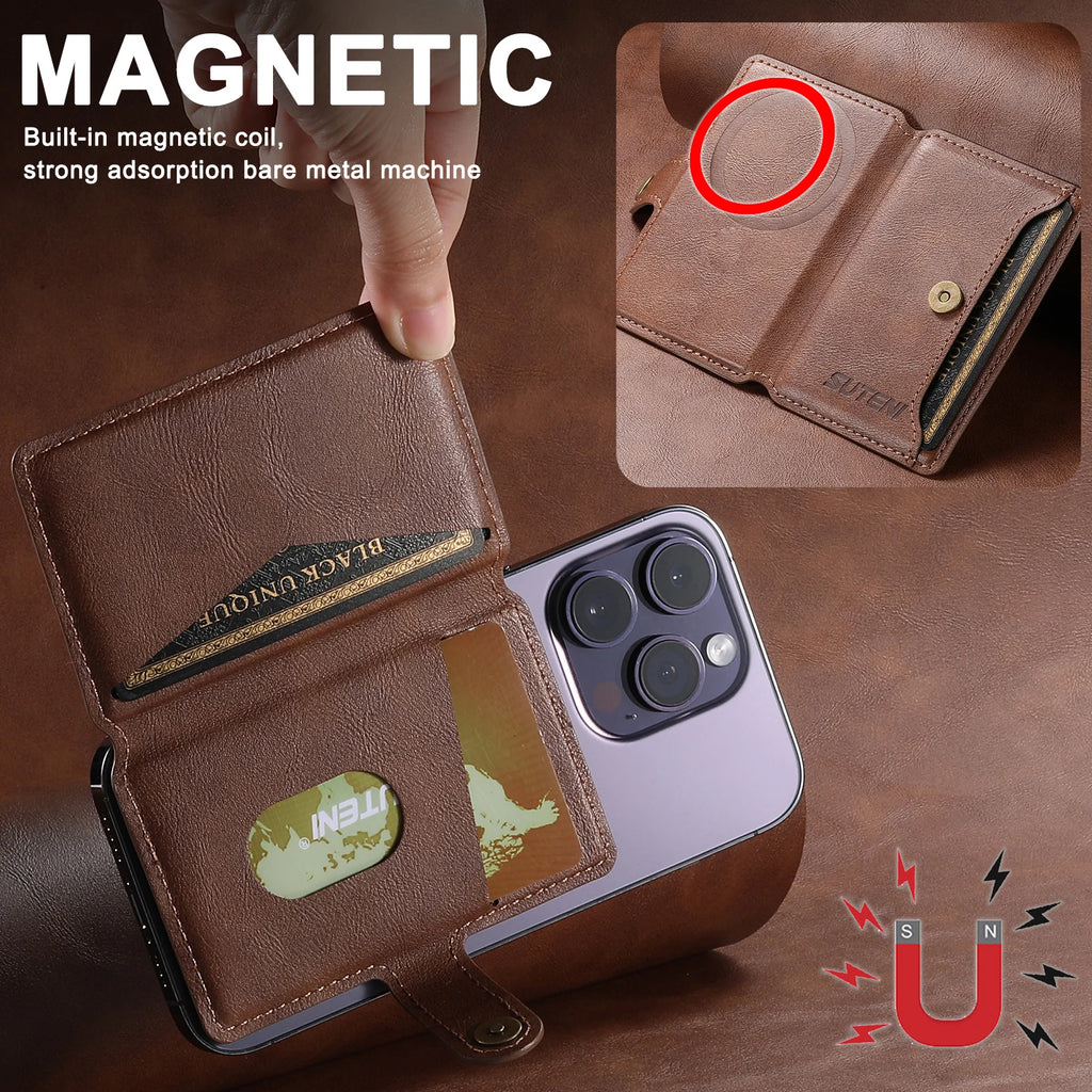 Brown leather phone wallet with MagSafe-style magnetic snap and card slots