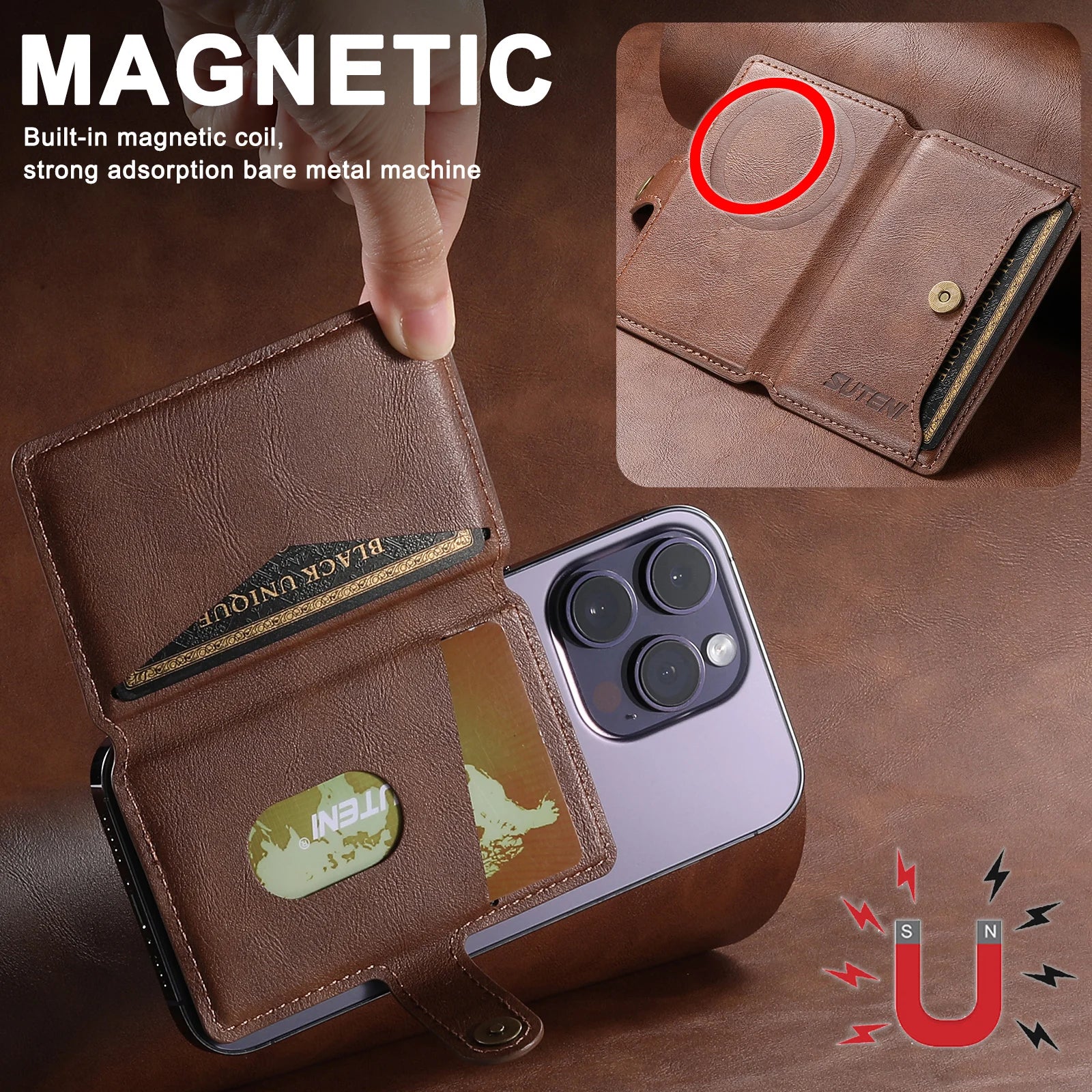 Brown leather phone wallet with MagSafe-style magnetic snap and card slots