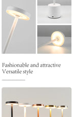 White cordless touch reading lamp with round shade and cylindrical base