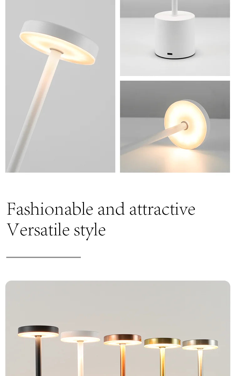 White cordless touch reading lamp with round shade and cylindrical base