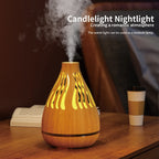 Wood grain aroma diffuser with warm yellow glowing mist vents and visible mist.
