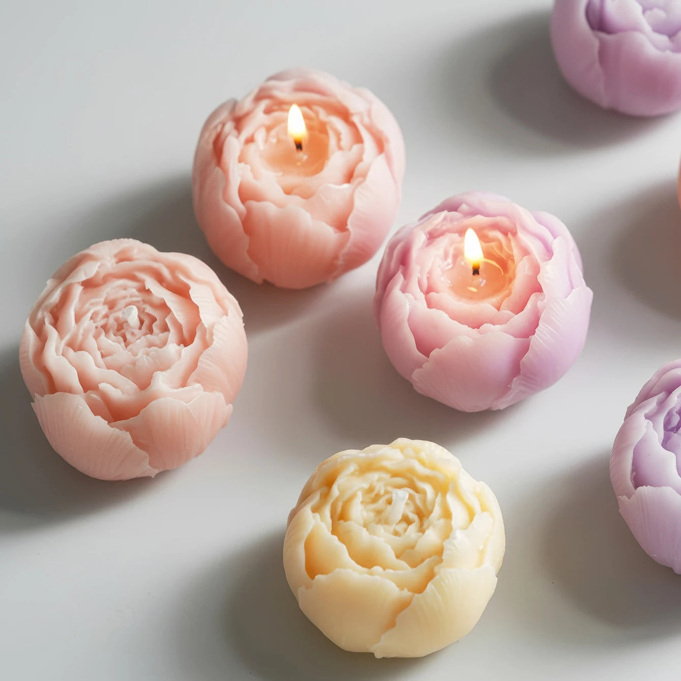 Rose petal soy wax candles, pink and peach flower-shaped, gift set