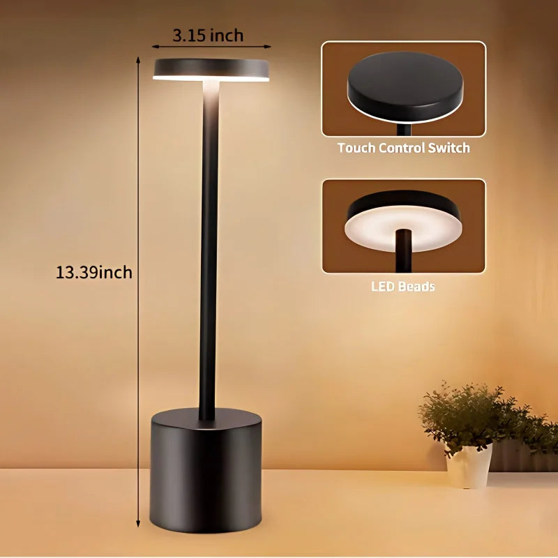 Portable LED touch lamp, 13.39 in tall, black base; top touch control shown