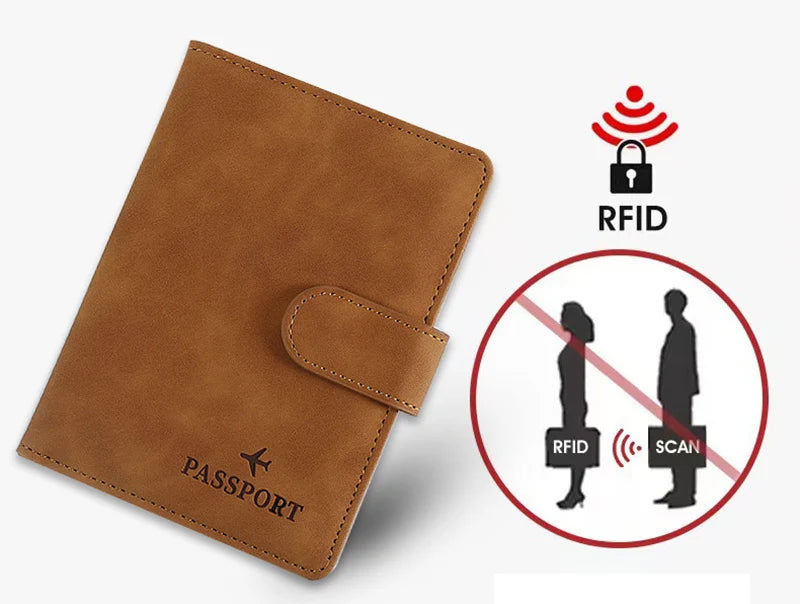 Brown passport cover with RFID and anti-scan protection icons on white background