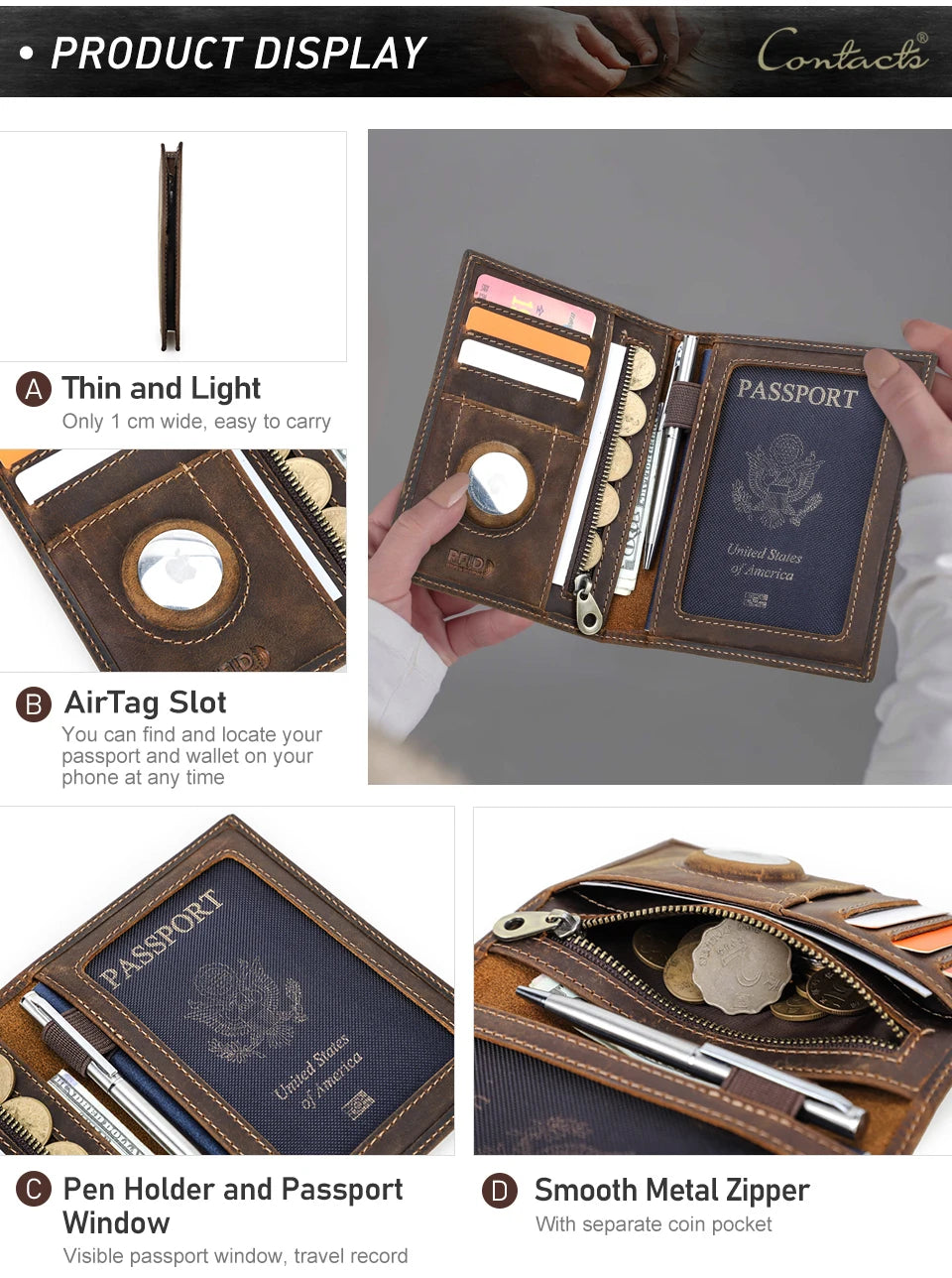 Brown leather passport wallet open view with passport holder, card slots, and AirTag slot
