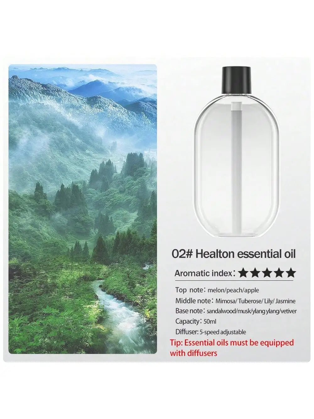 Healtton essential oil refill bottle (02#) for aroma diffuser; clear bottle, 50ml