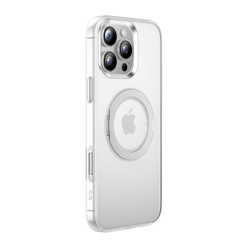 Clear pearl white phone case with rotating MagSafe ring and camera cutouts