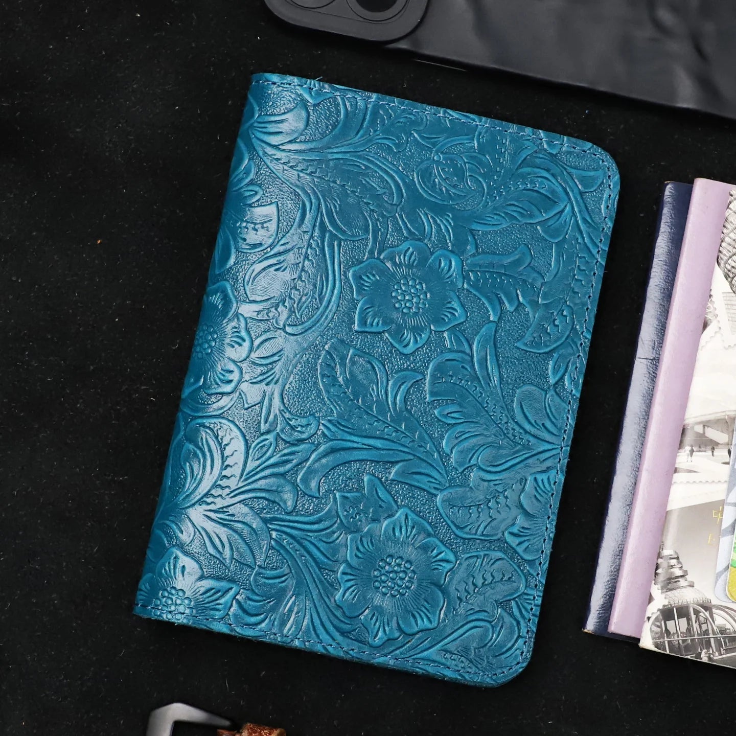 Leather travel folio with embossed floral pattern, midnight blue, slim cover