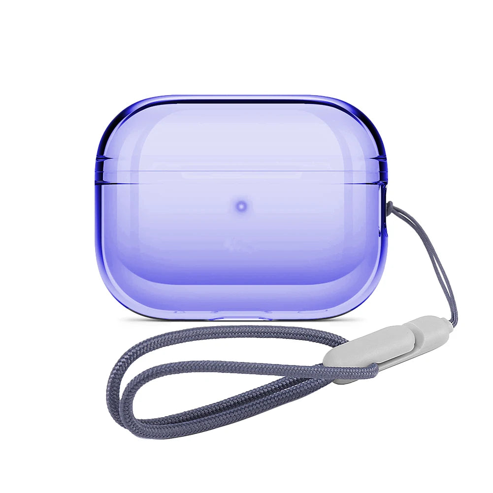 Clear AirPods case with blue bumper and blue lanyard strap