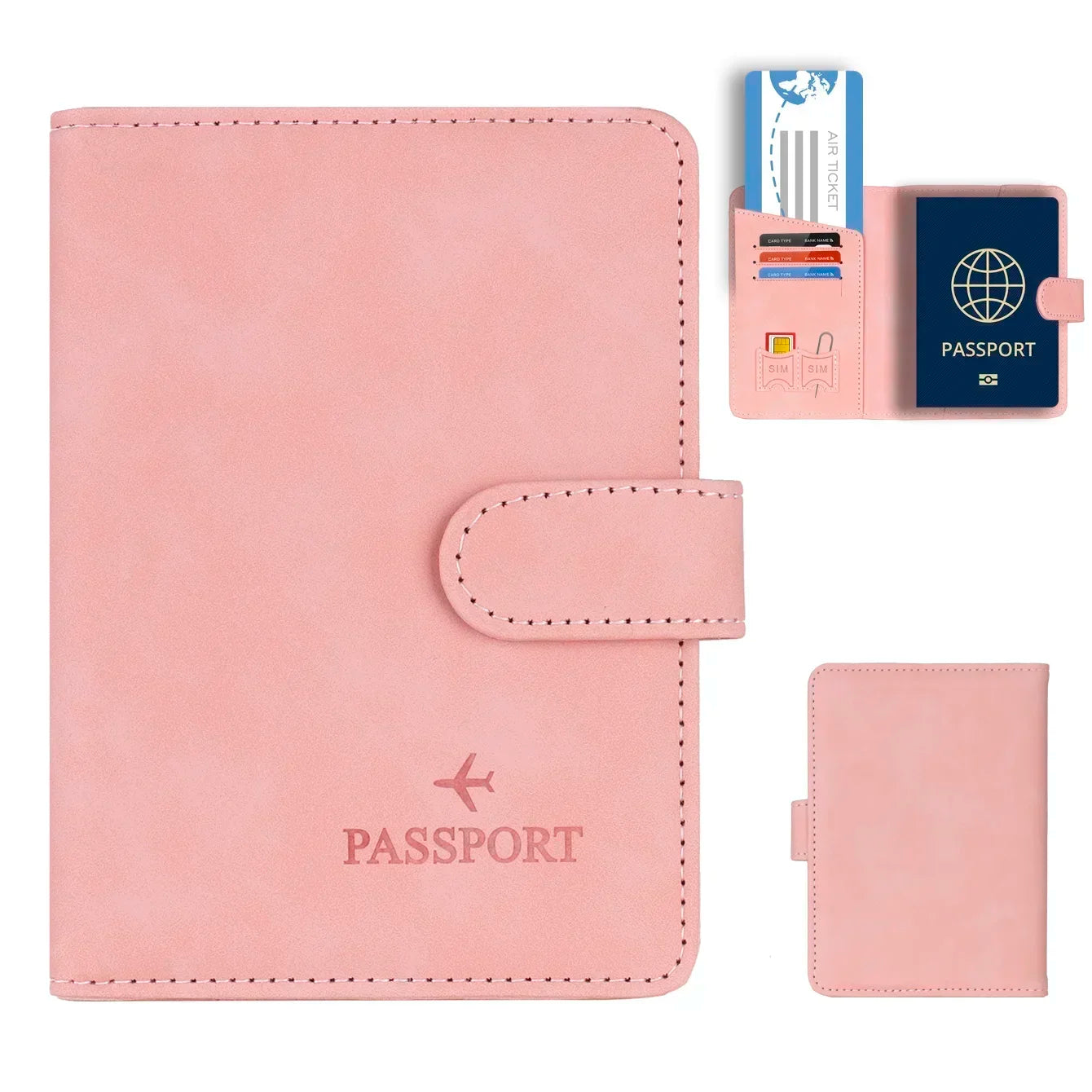 Blush pink vegan leather passport wallet with snap strap and passport cover