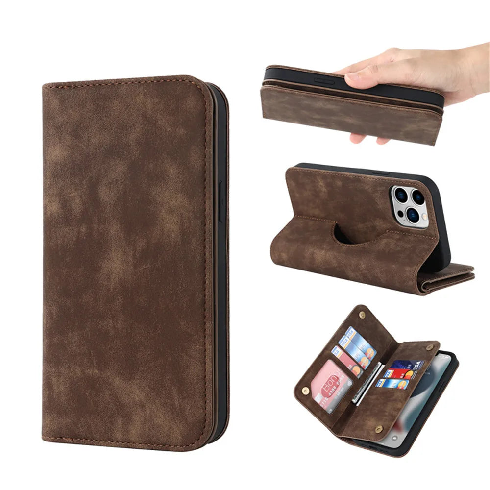 Cognac brown MagSafe kickstand wallet with leather folio for smartphone