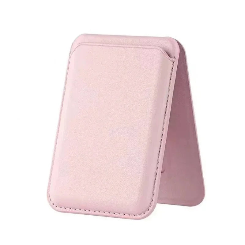 Magnetic stand wallet, light pink faux leather with stitched border