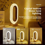 Pearl white crystal oval bedside lamp with gold base, three-tone glow