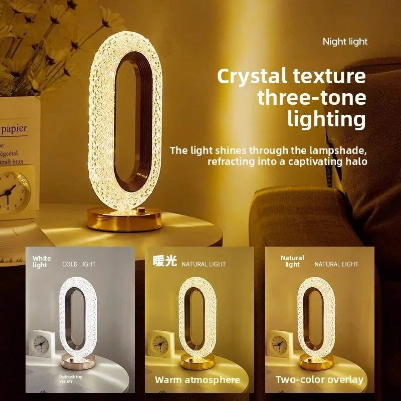 Pearl white crystal oval bedside lamp with gold base, three-tone glow