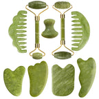 Green jade beauty tools set: two rollers and multiple gua sha shapes with gold frames