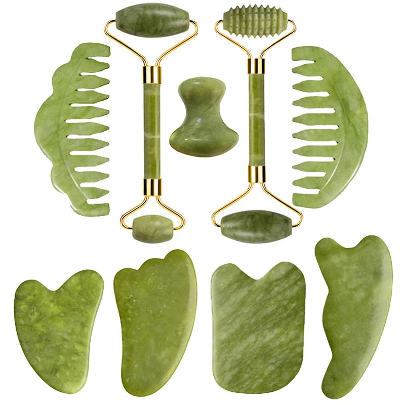 Green jade beauty tools set: two rollers and multiple gua sha shapes with gold frames