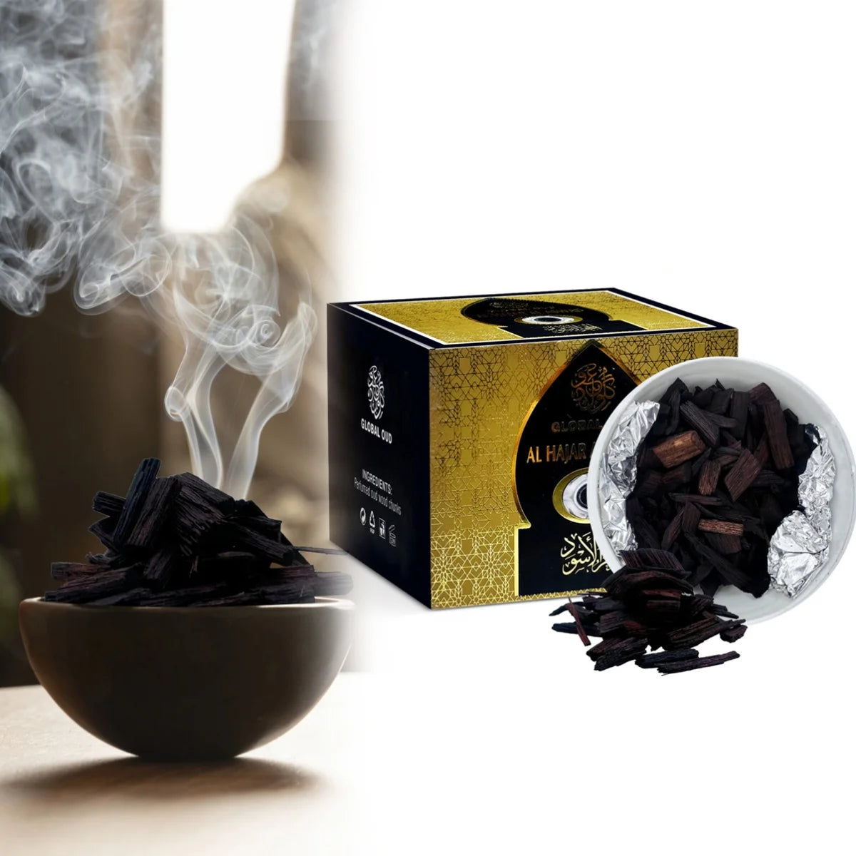 Incense smoke rising beside a foil-lined dish and gold oud box
