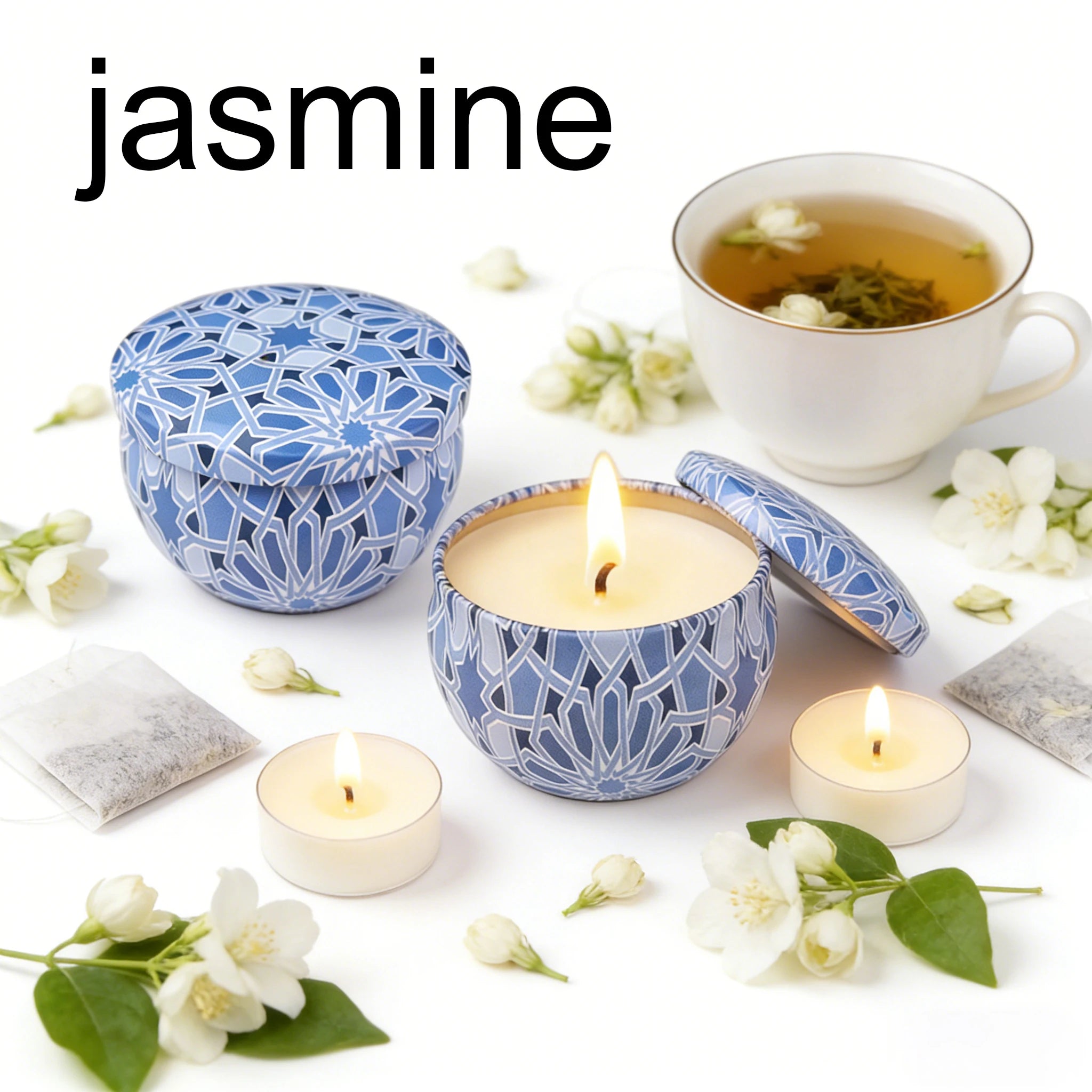 Tin candle with blue geometric pattern—Jasmine scent.