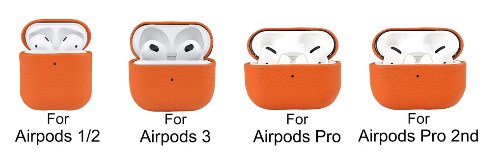 Orange cowhide leather AirPods cases shown for 1/2, 3, Pro, and Pro 2