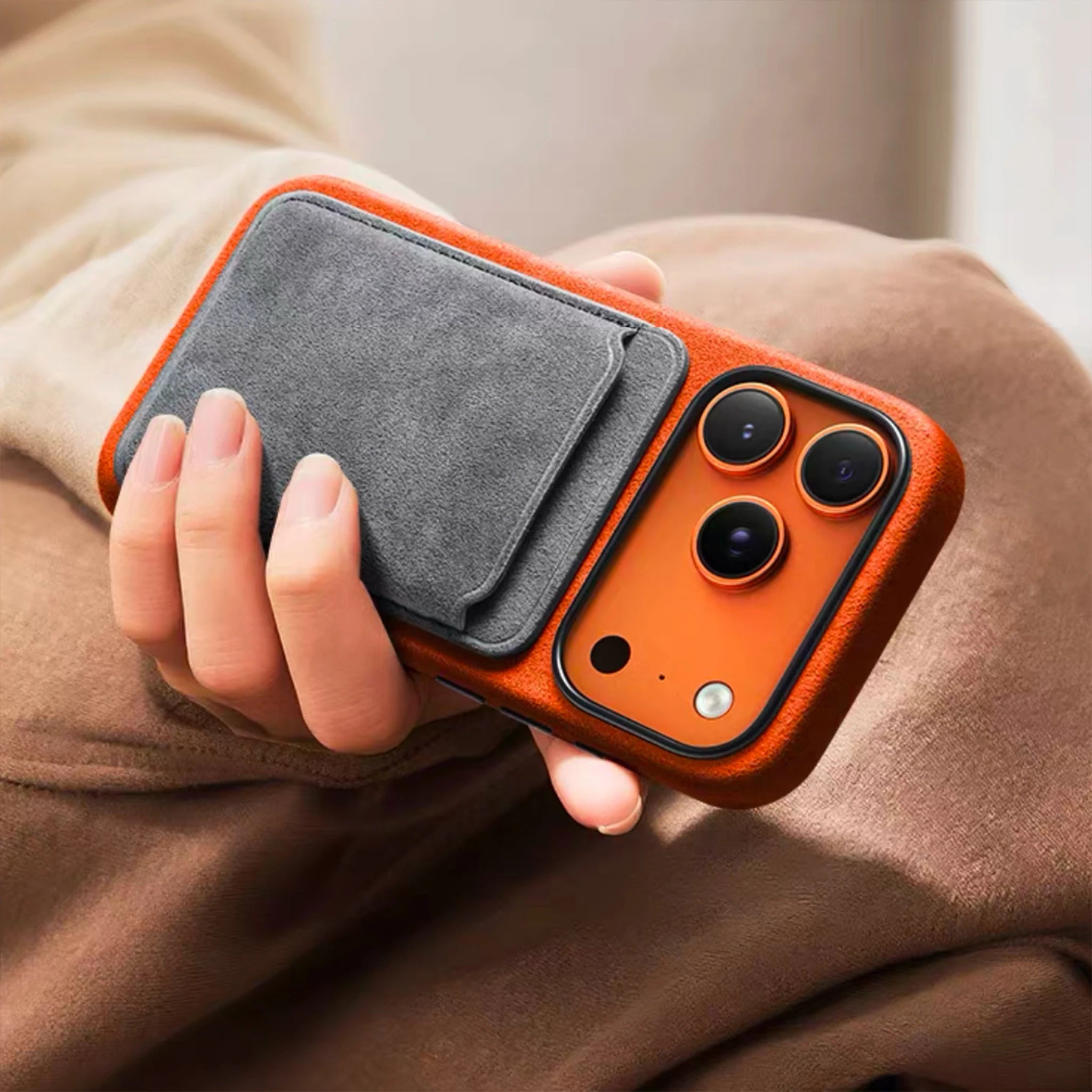 Orange Alcantara MagSafe wallet with front card pocket and phone camera cutout