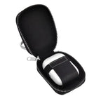 Black PU leather earphone cover with zipper and metal keyring, open for earbuds