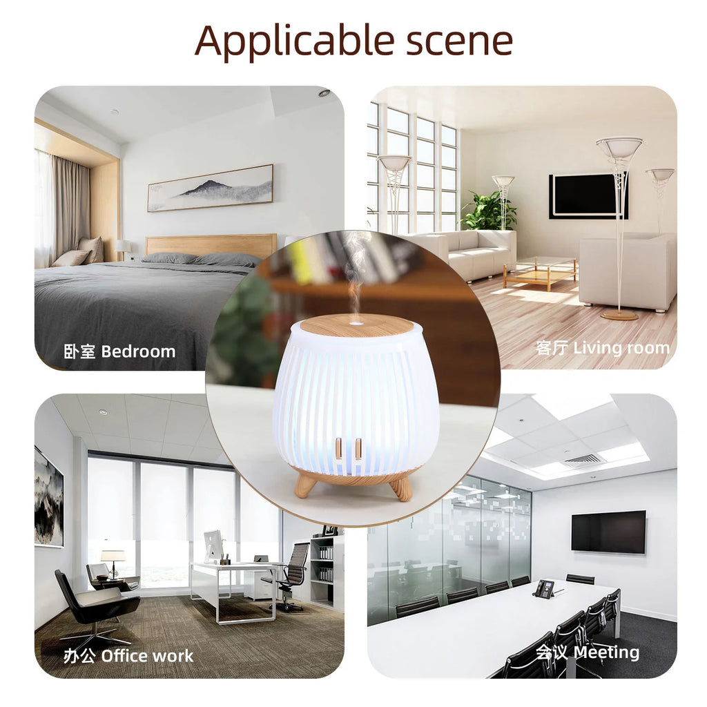Ultrasonic aroma diffuser humidifier with glowing light, shown for home room use