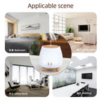 Ultrasonic aroma diffuser humidifier with glowing light, shown for home room use
