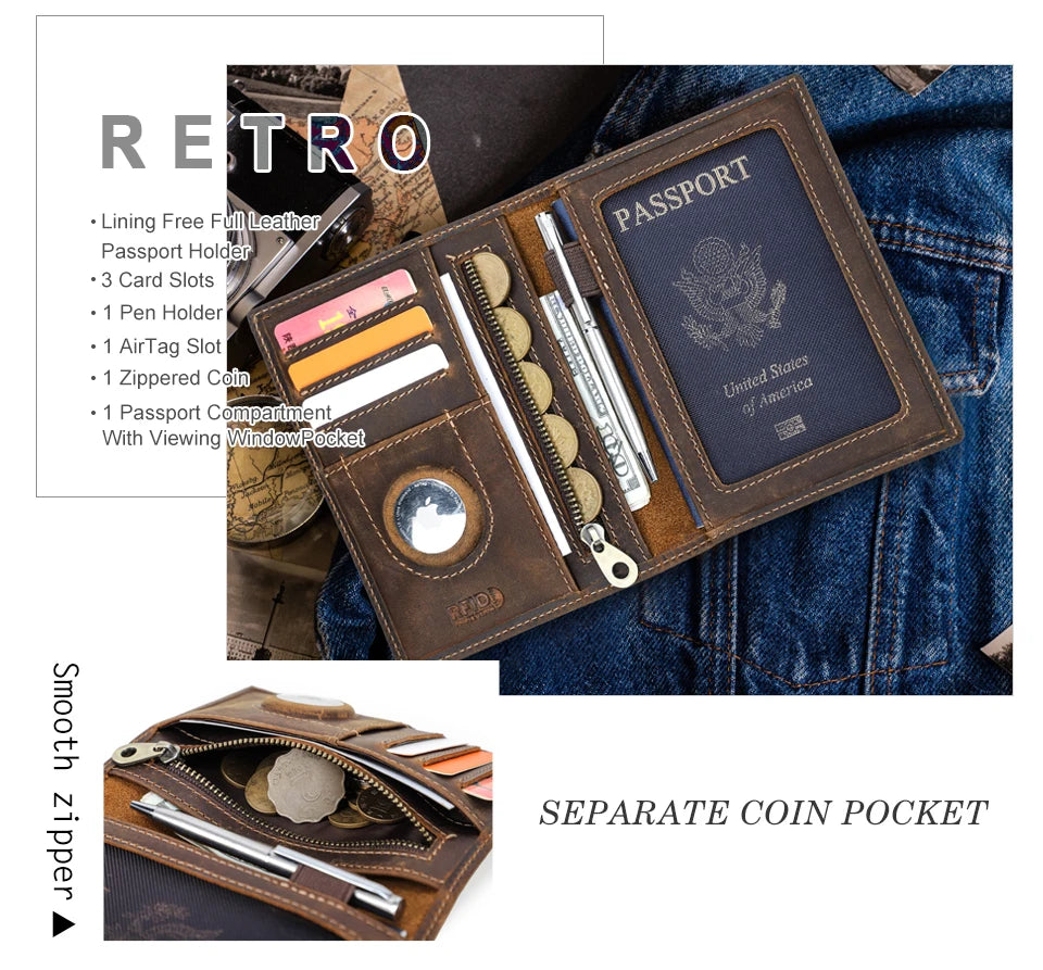 Brown leather passport wallet open with zipper coin pocket, card slots, and passport viewing window