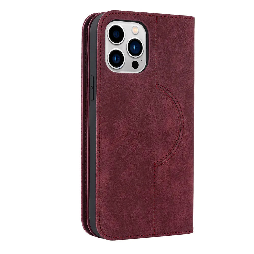 Burgundy leather phone wallet case with camera cutout and circular card pocket