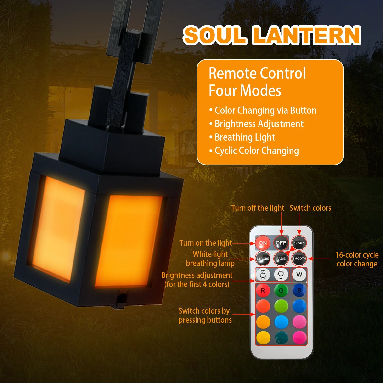 Black pixel lantern night light glowing warm orange squares with remote control in view