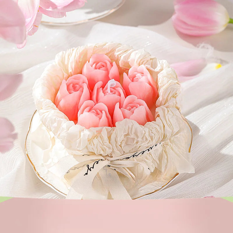 Romantic Bouquet Candle Gift Box with pink heart candles in a white gift tray