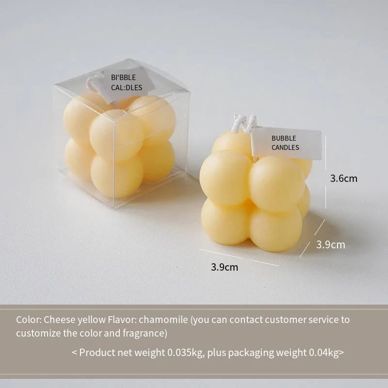 Yellow bubble candle cluster in clear packaging, with size markings (3.9 cm, 3.6 cm)