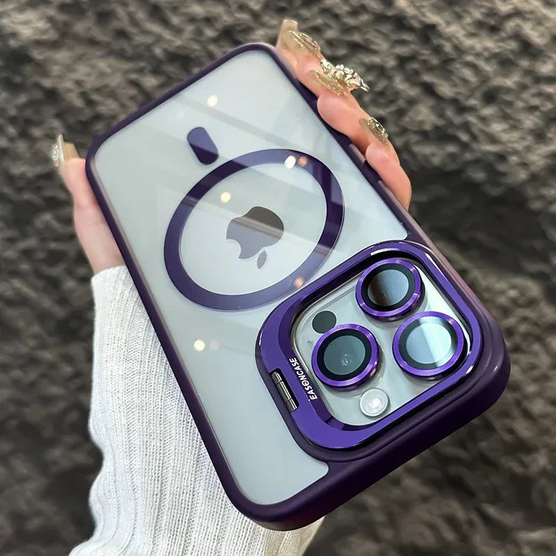Dark purple phone case with magnetic lens ring and triple camera cover, purple frame
