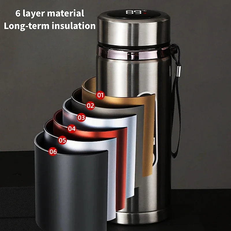 Stainless steel LED thermos flask with black lid and digital display reading 89°C