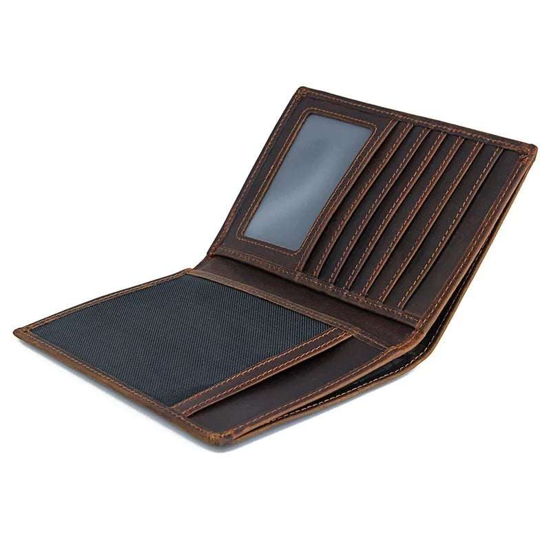 Compact travel document wallet opened, with ID window and card slots