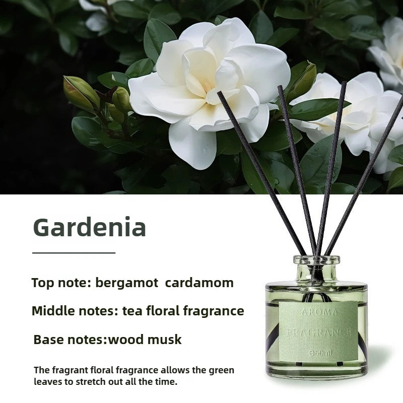 Gardenia 50ml reed diffuser, clear glass bottle with dark reeds