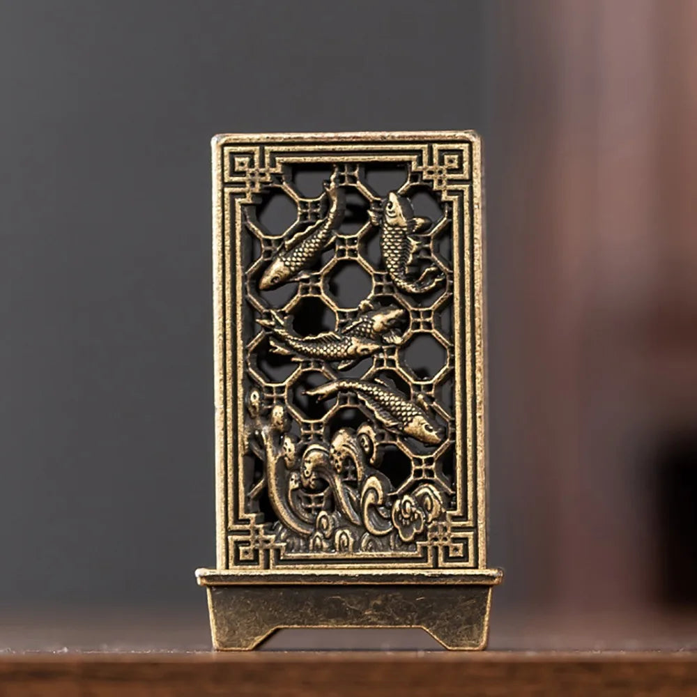 Bronze zinc vertical incense holder with dragon and ornate lattice panel, freestanding