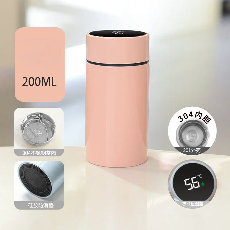 200ml compact smart thermos, pink body with digital temperature display on lid.