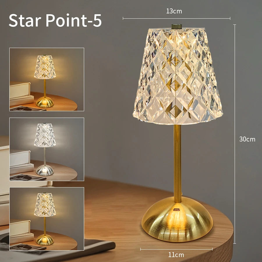 Cordless dimmable night lamp with faceted crystal shade and gold base