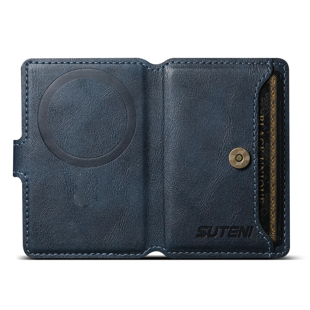Blue leather MagSafe phone wallet open view with embossed magnetic circle and snap button