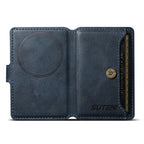 Blue leather MagSafe phone wallet open view with embossed magnetic circle and snap button